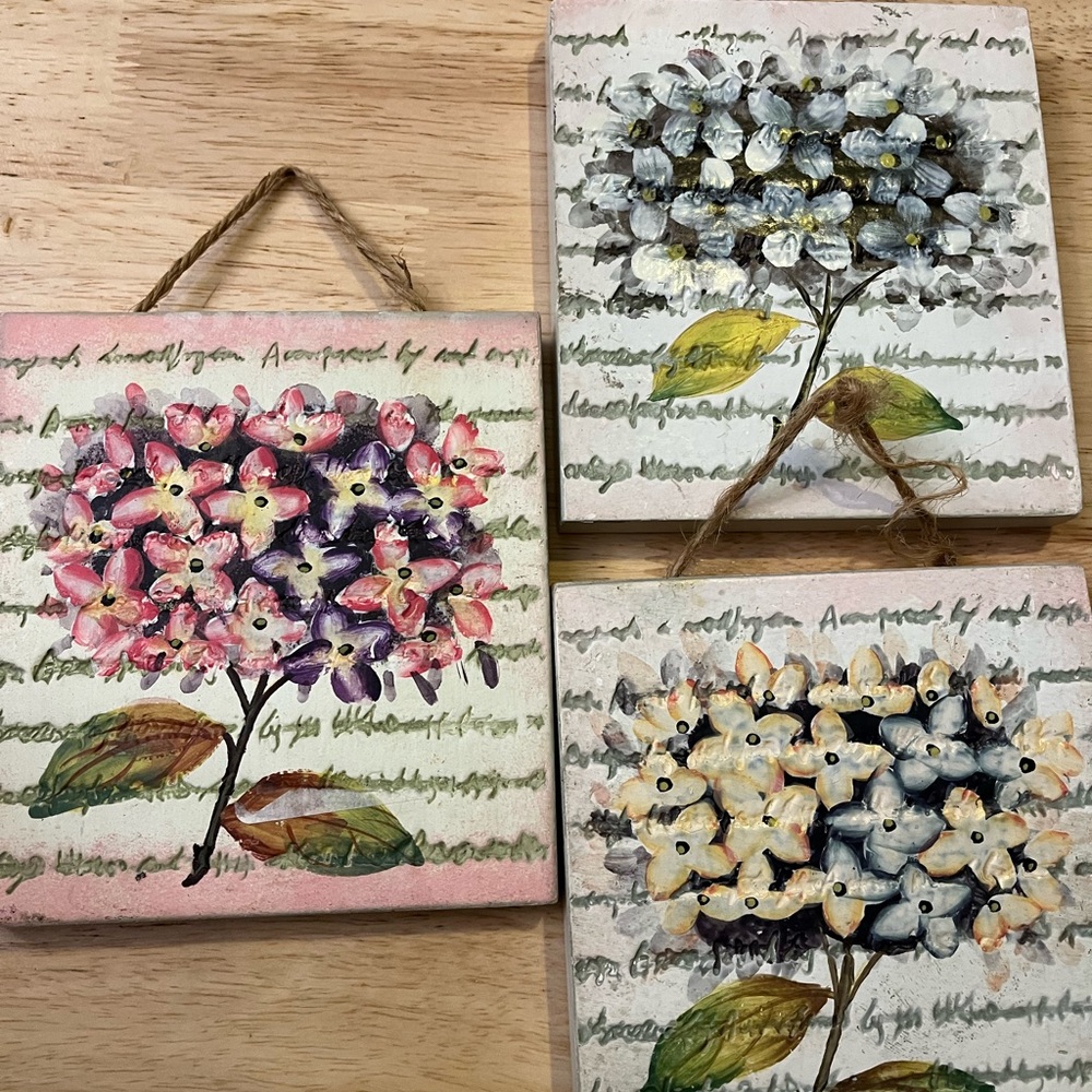 Floral Wall Art Trio with Pink, Blue, and White Hydrengeas